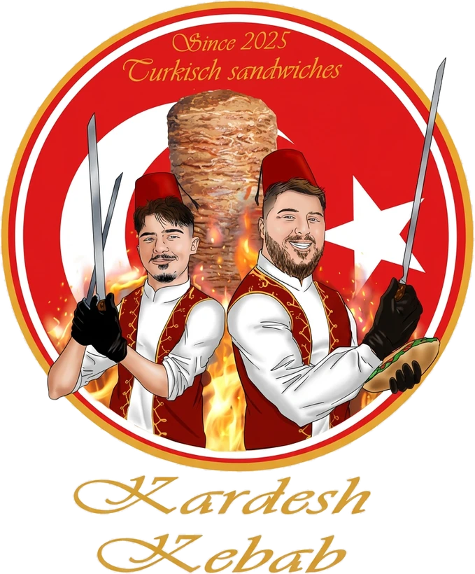 Logo Kardesh Kebab : les deux frères devant la broche
