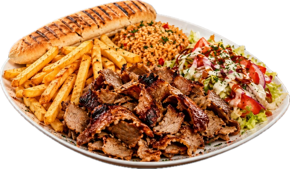 Assiette kebab avec frites, boulgour et salade